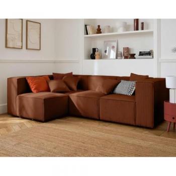 Canapé modulable d'angle gauche 5 places en velours côtelé terracotta