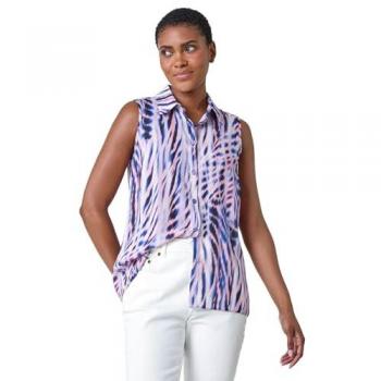 Sleeveless V-Neck Abstract Print Blouse - Pink - Size 12 UK