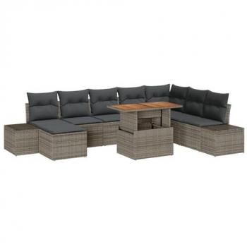 Set de mesa exterior Vidaxl 9 piezas, cojines gris ratán sintético