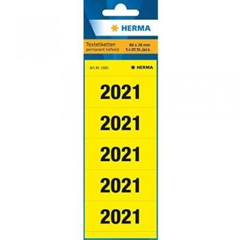 HERMA 1681 Numeri adesivi 2021 per raccoglitori (60 x 26 mm, carta opaca, opaca), autoadesivi, etichette permanenti, 100 etichette, colore: giallo
