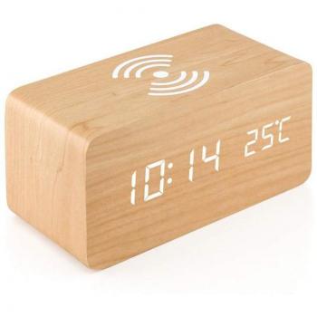 LED Wooden Alarm Clock with Wireless Charging Pad for Smartphones