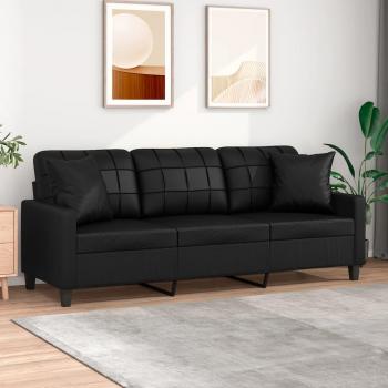 VidaXL 3-Seater Sofa with Throw Pillows – Black Faux Leather (180 cm)