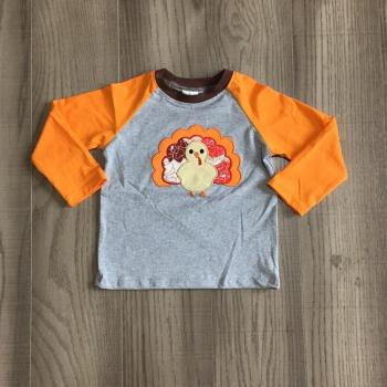 Thanksgiving Cotton Long Sleeve Raglan T-Shirt for Baby Boys - Orange and Grey Turkey Design