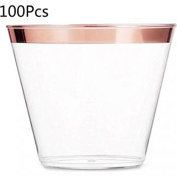 100 Gold Rimmed Clear Plastic Tumblers - 9 Oz Old Fashioned Cups
