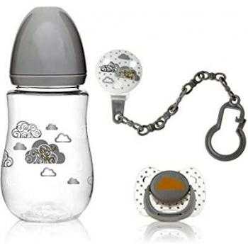 Kiokids Set Regalo Accesorios Biberón Chupete y Pinza para Bebé Gris