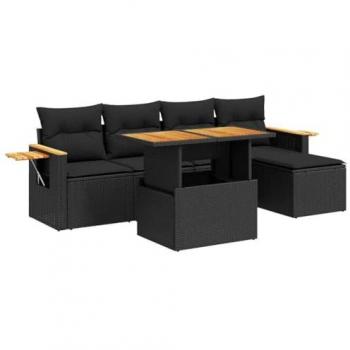 Ensemble de salon de jardin 7 pcs noir avec coussins en résine tressée