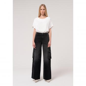 Calça Jeans Cargo Flare 100% Algodão Preto Profundo