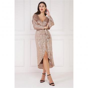 Goddiva Champagne Wrap Sequin Dress