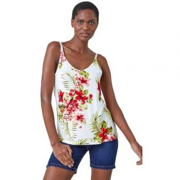 Tropical Print V-Neck Cami Top with Strap Detail