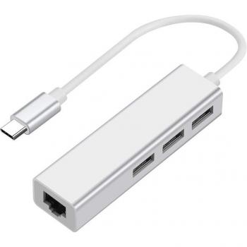 4-in-1 USB-C to Ethernet Adapter with 3 USB Ports, RJ45 Network Hub, Silver