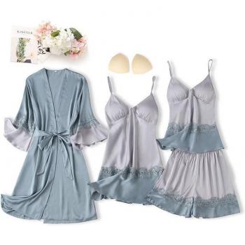 Pijama de seda imitación con bata y encaje para mujer