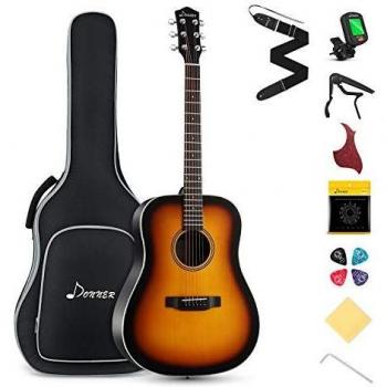 Donner Acoustic Guitar Full Size Guitar 4/4 Dreadnought 41 inch Guitar Kit for Beginner with Gig Bag Capo Picks Tuner Strap Strings