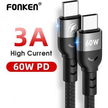 FONKEN Snellader Kabel Type C naar Type C PD 60W voor Xiaomi Samsung Galaxy en Macbook 1M Zwart