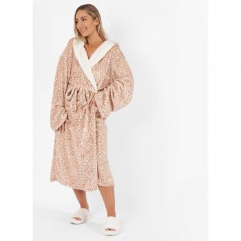 Dreamscene Leopard Print Sherpa Flannel Fleece Hooded Dressing Gown