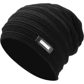 Gestrickte Winterkappe für Männer, Fleece-Innenfutter, unisex, gestreift, mit Text-Patch in Schwarz, Braun und Dunkelgrau