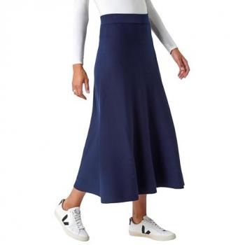Elastic Waist A-Line Knitted Midi Skirt (Navy)