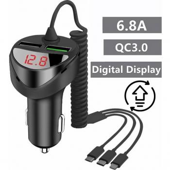 QC 3.0 Schnellladegerät für Auto mit 3 in 1 USB Kabel für iPhone 11, 7, Samsung, Xiaomi, Huawei, Micro USB Typ C