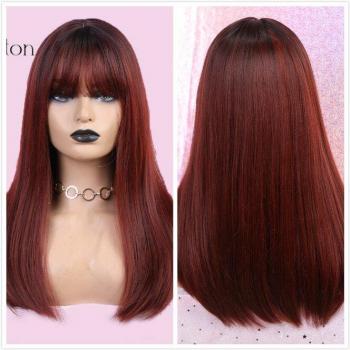 ALAN EATON Long Straight Ombre Wig for Black Women - Synthetic Hair with Bangs