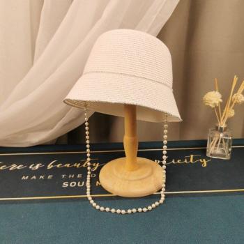 Women's Pearl Chain Flat Brim Straw Hat
