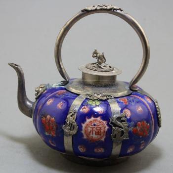 Handcrafted Chinese Porcelain Teapot with Copper Dragon and Phoenix - Four Colors