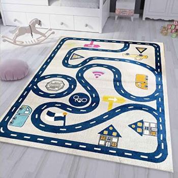 Vimoda Kinderteppich Auto Straße Muster, Rechteckig, Höhe: 8 mm, Spielteppich Auto Verkehr Bus Straße Muster in Blau & Grau