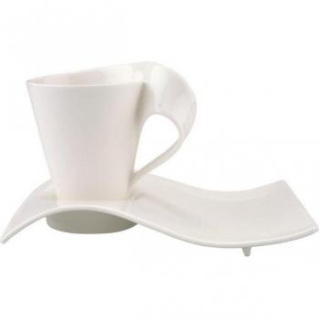 Villeroy & Boch NewWave Caffè Kaffeebecher 300 ml, weißer Porzellanteil mit Unterteller