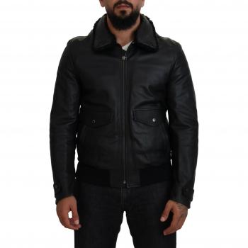 Dolce & Gabbana Black Lamb Leather Collared Men's Jacket, Silk-Lined, Size XL