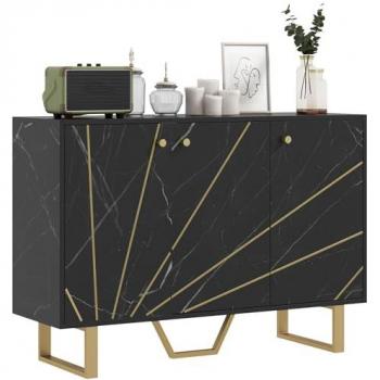 HOMCOM Aparador Moderno Aparador de Salón con 2 Puertas y Estante Ajustable Mueble Auxiliar para Salón con Efecto Mármol Antivuelco 107x35x75 cm Negro y Dorado