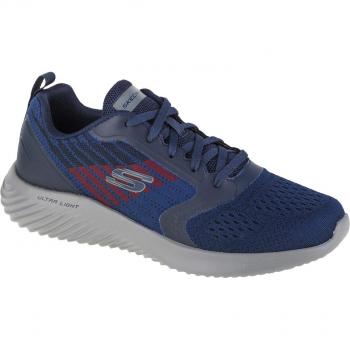 Skechers Heren Sneakers Bounder Verkona Blauw/Grijs, Materiaal: Leer en Textiel, Voetbedving: Memory Foam, Grondstofvoering: Gepolijste Mesh