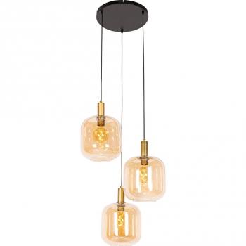 Qazqa Design-Hängelampe Zuzanna, 3-flammig, schwarz mit Messing und braunem Glas, E27