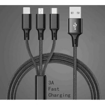 3 in 1 Fast Charging Cable for iPhone 12, Xiaomi Mi 3A, USB Type C, Android, 1.2m