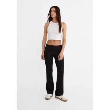 Stradivarius Women's Flared Leggings with Fold Over Waist in Black - Large