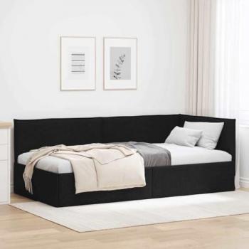Lit d'angle avec tête de lit noire 90 x 200 cm en tissu
