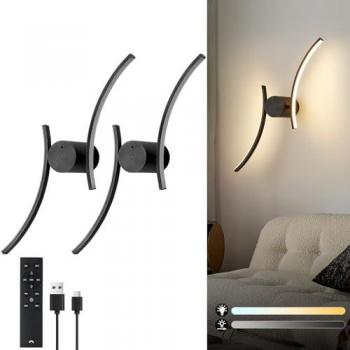 Harper Living Battery Operated Wall Light, USB Rechargeable Wall Lamp – Modern Swirl Arm 2-Pack (Black)