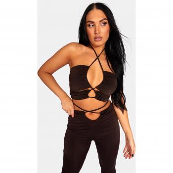 Chocolate Slinky Ruching Crop Top UK 10
