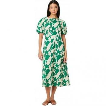Principles Ladies Abstract Linen Blend Puff Sleeve Midi Dress - Green - Size 12