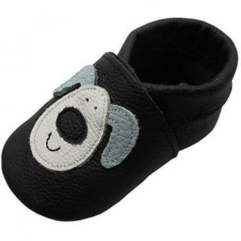 YIHAKIDS Bébé Cuir Souple Chaussons Chaussettes First Walkers - Chien Mignon, Noir