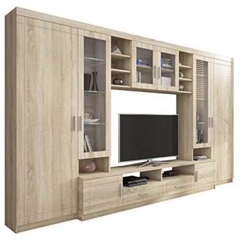 Módulo de salón Tucson 108, Roble Sonoma, Sólido, Con mesa de TV, Aglomerado laminado, Vidrio, MDF, 198x340x44cm