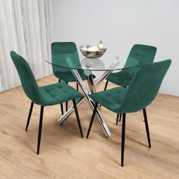 Clear Glass Round Table with Green Velvet Seating