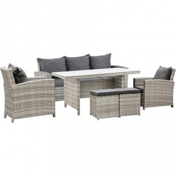 Outsunny 7-seater Rattan Dining Set Sofa Table Garden Rattan Furniture Footstool Outdoor W/ Cushion, Grey
