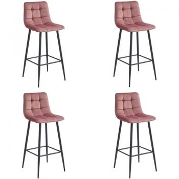 Tabourets de Bar Madame Meuble – Lot 4 – Velours Rose – Pieds Métalliques – Confort Ergonomique
