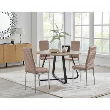 Santorini Brown Wood Modern Round Dining Table & 4 Beige Milan Chairs Set