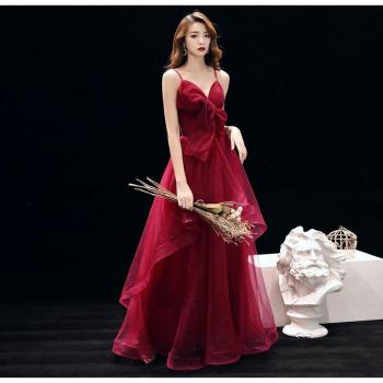 Burgundy Sling Backless Formal Gown