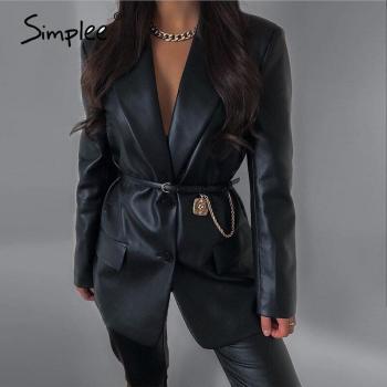 Chaqueta de cuero negro Simplee con bolsillo y solapa