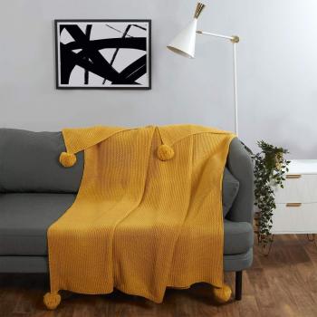 Dreamscene Giant Chunky Knit Throw Blanket with Massive Pom Poms - Bright Mustard Yellow Ochre, 150 cm x 180 cm