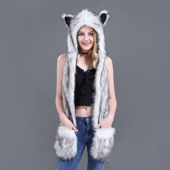 Winter Cute Faux Fur Animal Hat with Scarf, Gloves, Ear Flaps, and Hand Pockets - 3 in 1 Warm Earmuff Cap