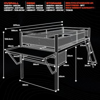 Sanctum Mid Sleeper Gaming Bed Bunk with Gaming Desk