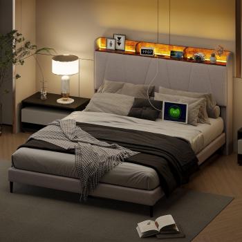 Cadre de lit moderne gris avec éclairage LED et chargeur USB