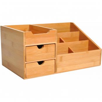 HOMCOM Organiser Holder Multi-Function Storage Caddy Drawers Home Office Stationary Supplies 7 Storage Compartments and 2 Drawers Natural Wood