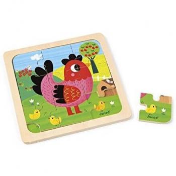 Ensemble de puzzle 9 pièces - Poule violette sur bois par Janod